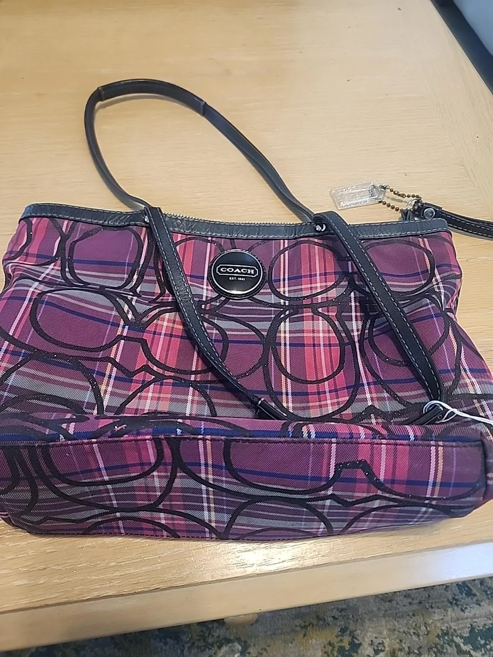 Coach Purple Pink Plaid Tote with Signature Circle Logo